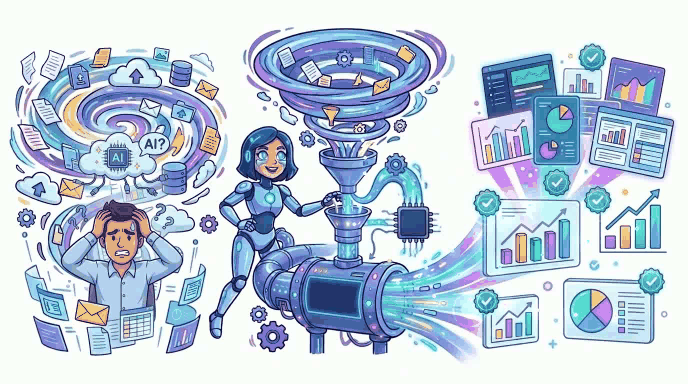 Stressed business owner surrounded by messy data while ALITA turns the chaos into clean dashboards